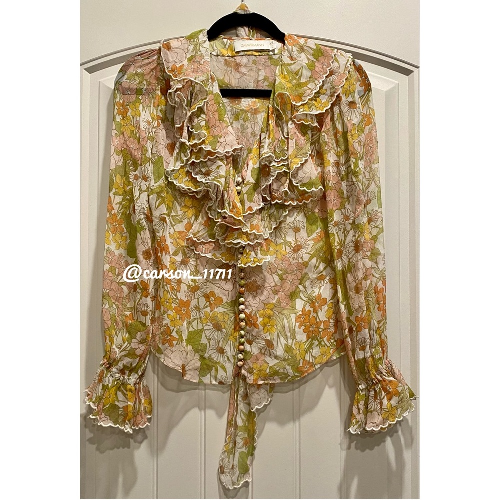 Zimmermann Pink Meadow Ruffle Scalloped Blouse 0 - Picture 6 of 10
